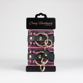 Черные кожаные наручники с розовой строчкой - Crazy Handmade - купить с доставкой в Новочеркасске