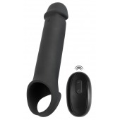 Черная вибронасадка для пениса с хомутом для мошонки и пультом ДУ Remote Controlled Penis Extension - Orion - в Новочеркасске купить с доставкой