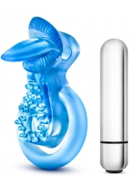 Голубое эрекционное виброкольцо 10 Function Vibrating Tongue Ring - Blush Novelties - в Новочеркасске купить с доставкой