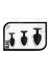 Набор черных анальных пробок с красным кристаллом-сердечком Bling Plugs Training Kit - Blush Novelties - купить с доставкой в Новочеркасске