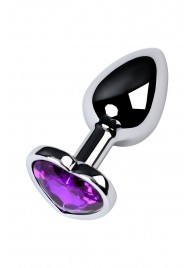 Серебристая коническая анальная пробка с фиолетовым кристаллом-сердечком - 7 см. - ToyFa - купить с доставкой в Новочеркасске