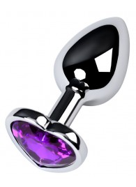 Серебристая коническая анальная пробка с фиолетовым кристаллом-сердечком - 7 см. - ToyFa - купить с доставкой в Новочеркасске