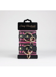 Черные кожаные наручники с розовой строчкой - Crazy Handmade - купить с доставкой в Новочеркасске