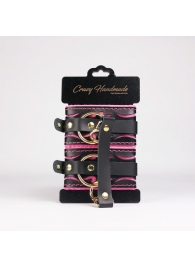 Черные кожаные оковы с розовой строчкой - Crazy Handmade - купить с доставкой в Новочеркасске