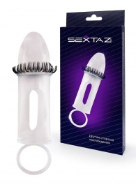 Закрытая насадка на пенис с подхватом мошонки и стимулирующими «ресничками» - Sextaz - в Новочеркасске купить с доставкой