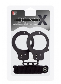 Чёрные наручники из листового металла в комплекте с веревкой BONDX METAL CUFFS LOVE ROPE SET - Dream Toys - купить с доставкой в Новочеркасске