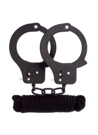 Чёрные наручники из листового металла в комплекте с веревкой BONDX METAL CUFFS LOVE ROPE SET - Dream Toys - купить с доставкой в Новочеркасске