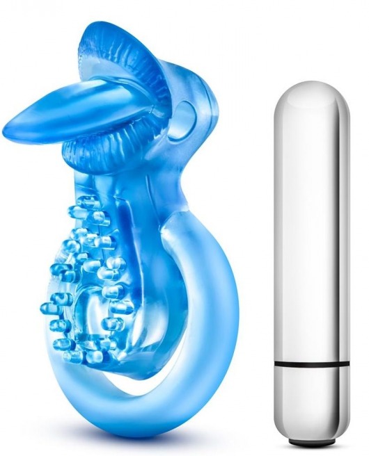 Голубое эрекционное виброкольцо 10 Function Vibrating Tongue Ring - Blush Novelties - в Новочеркасске купить с доставкой