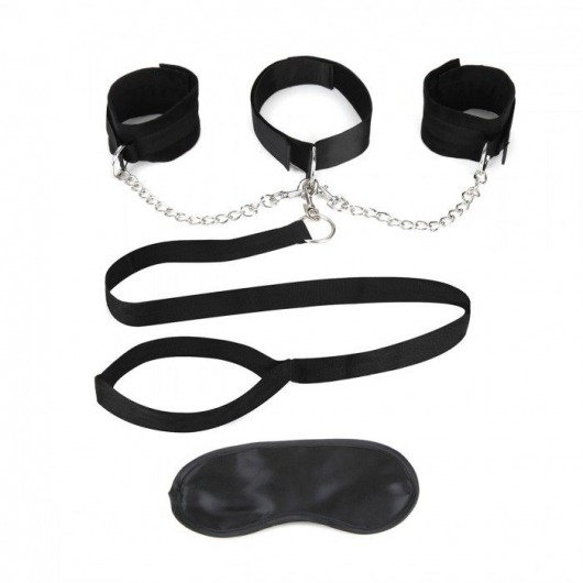 Чёрный ошейник с наручниками и поводком Collar Cuffs   Leash Set - Lux Fetish - купить с доставкой в Новочеркасске