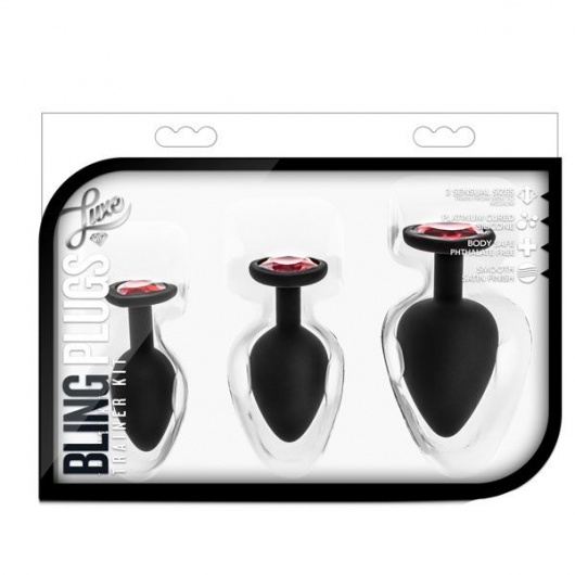 Набор черных анальных пробок с красным кристаллом-сердечком Bling Plugs Training Kit - Blush Novelties - купить с доставкой в Новочеркасске
