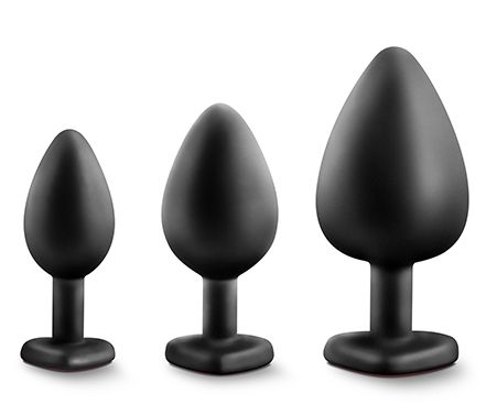 Набор черных анальных пробок с красным кристаллом-сердечком Bling Plugs Training Kit - Blush Novelties - купить с доставкой в Новочеркасске