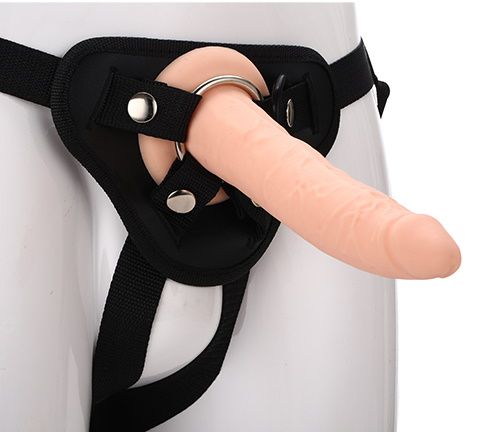 Телесный страпон на черных трусиках STRAP ON REAL DILDO - 20 см. - Dream Toys - купить с доставкой в Новочеркасске