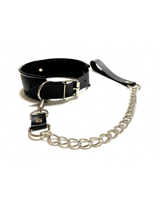 Черный ошейник с поводком из эко-кожи - БДСМ Арсенал - купить с доставкой в Новочеркасске