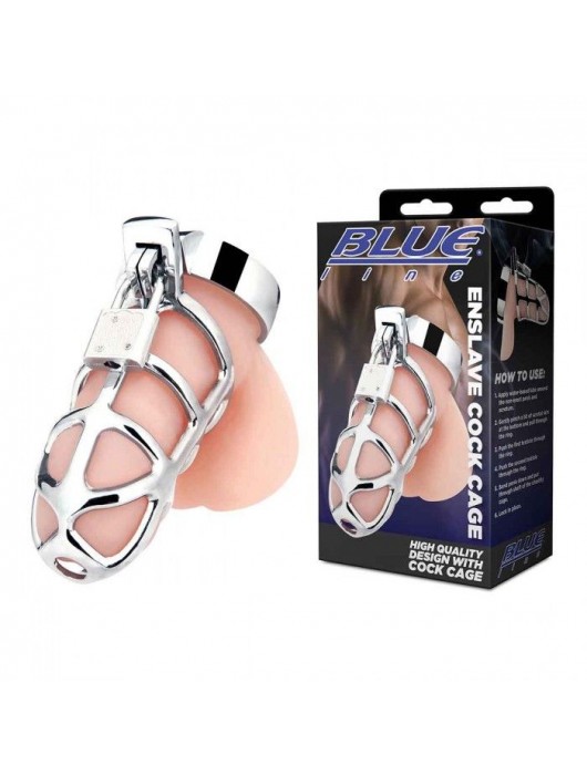 Серебристая металлическая клетка для члена с замком Enslave Cock Cage - BlueLine - купить с доставкой в Новочеркасске