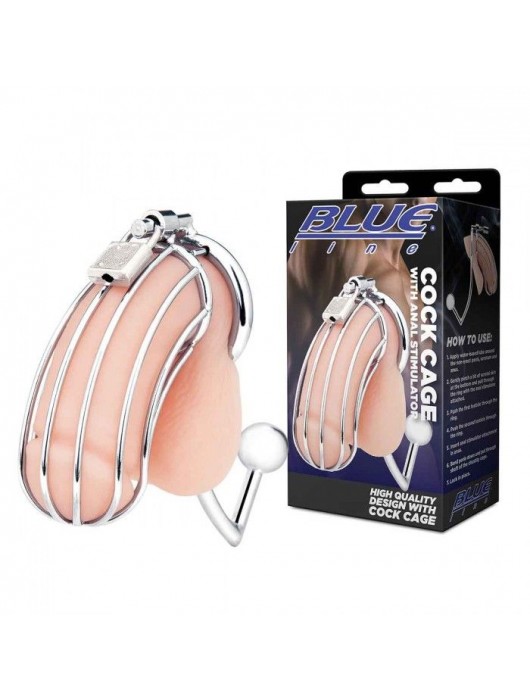 Серебристая металлическая клетка с анальным стимулятором Cock Cage - BlueLine - купить с доставкой в Новочеркасске