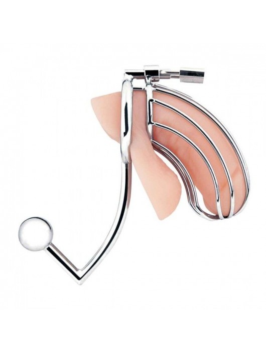 Серебристая металлическая клетка с анальным стимулятором Cock Cage - BlueLine - купить с доставкой в Новочеркасске