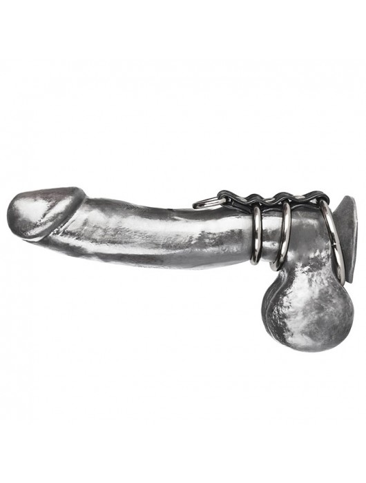 Хомут на пенис из трех металлических колец и кольца для привязи 3 RING GATES OF HELL - BlueLine - купить с доставкой в Новочеркасске