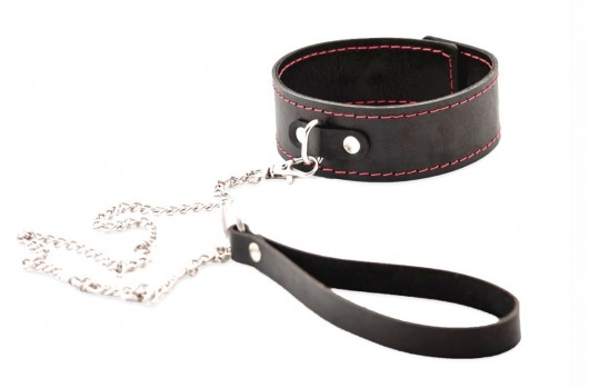 Черный широкий ошейник с красной строчкой и поводком - Crazy Handmade - купить с доставкой в Новочеркасске