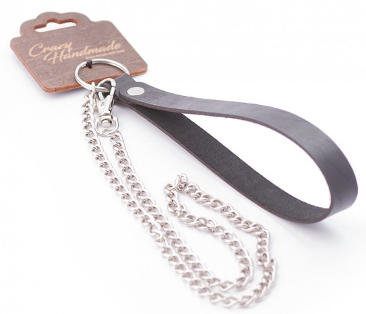 Серебристый металлический поводок с кожаной черной ручкой - 80 см. - Crazy Handmade - купить с доставкой в Новочеркасске