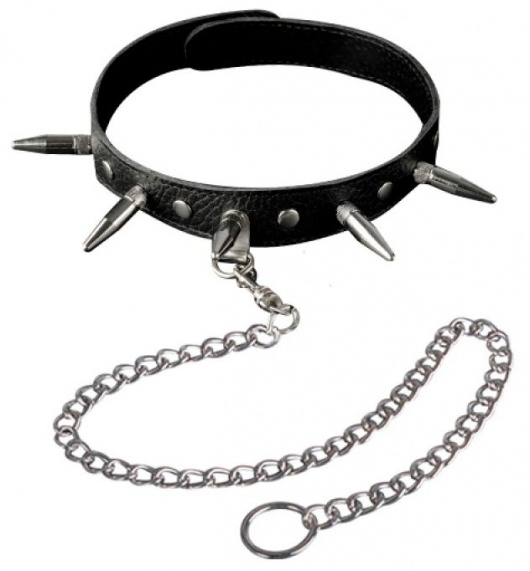 Чёрный кожаный ошейник с шипами и цепочкой - Sitabella - купить с доставкой в Новочеркасске