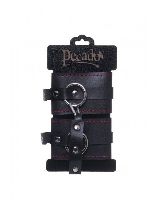 Черные кожаные однослойные оковы с контрастной строчкой - Pecado - купить с доставкой в Новочеркасске