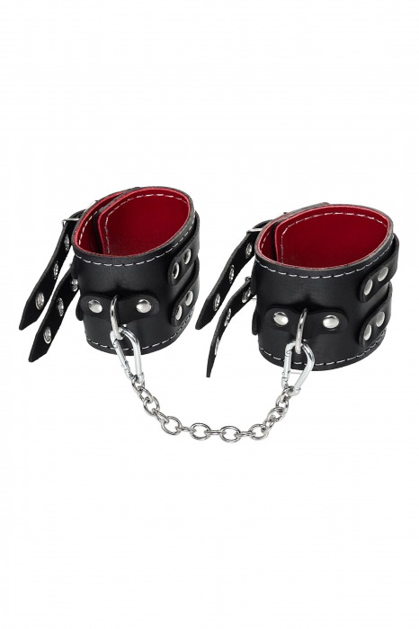 Черные кожаные оковы с двумя ремнями и красной подкладкой - Pecado - купить с доставкой в Новочеркасске