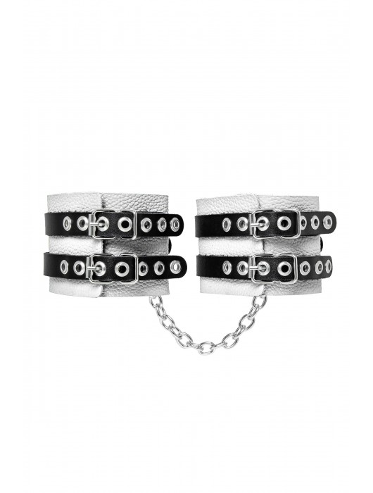 Бело-черные оковы с двумя ремешками и люверсами - Pecado - купить с доставкой в Новочеркасске