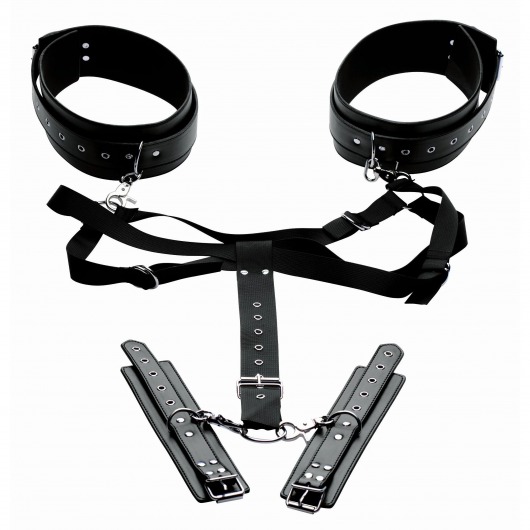 Черная бондажная система Acquire Easy Access Thigh Harness with Wrist Cuffs - XR Brands - купить с доставкой в Новочеркасске