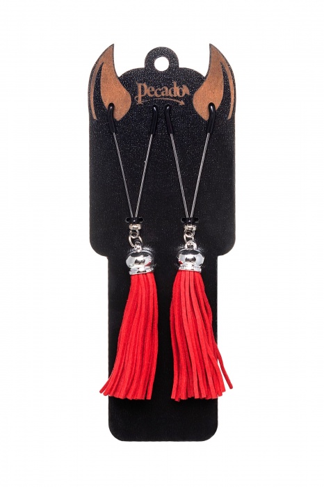 Зажимы на соски «Вилки» с красными кисточками из замши - Pecado - купить с доставкой в Новочеркасске