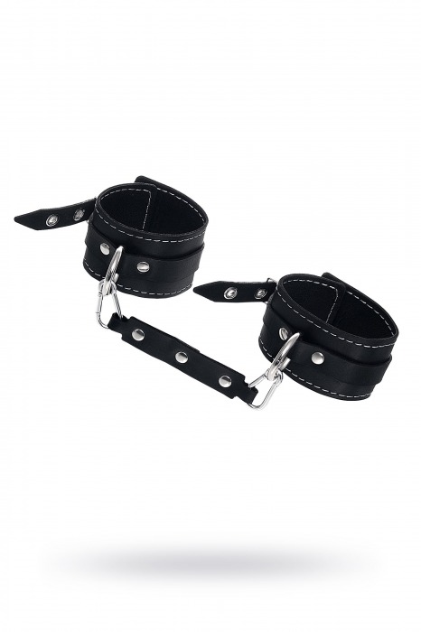 Черные двухслойные кожаные оковы с белой строчкой - Pecado - купить с доставкой в Новочеркасске