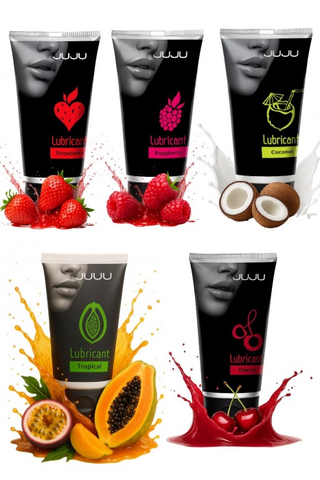 Набор из 5 съедобных лубрикантов JUJU (клубника, малина, тропические фрукты, вишня, кокос) - JuJu - купить с доставкой в Новочеркасске