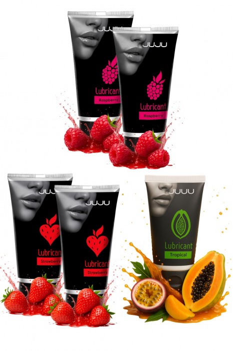 Набор из 5 съедобных лубрикантов JUJU (клубника х 2, малина х 2, тропические фрукты) - JuJu - купить с доставкой в Новочеркасске