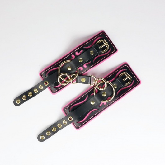 Черные кожаные наручники с розовой строчкой - Crazy Handmade - купить с доставкой в Новочеркасске