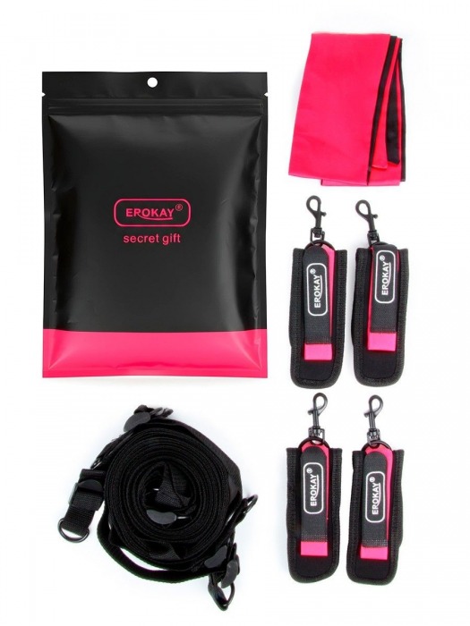 Черно-розовый эротический набор: фиксатор, оковы, наручники, повязка - Erokay - купить с доставкой в Новочеркасске