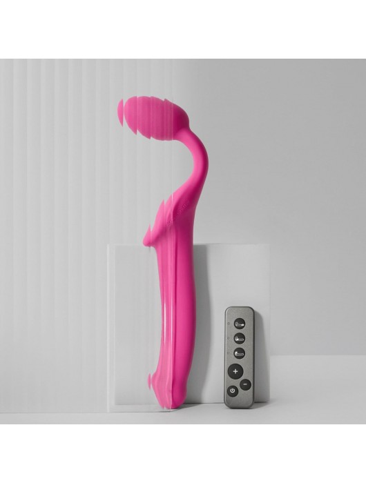 Ярко-розовый безремневой страпон Strap-on-me Vibrating Bendable Strap-On size M - Strap-on-me - купить с доставкой в Новочеркасске