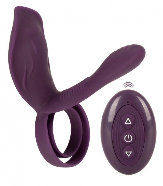 Фиолетовая насадка на член с клиторальным отростком и пультом ДУ RC Couple’s Vibrator 2 - Orion - в Новочеркасске купить с доставкой