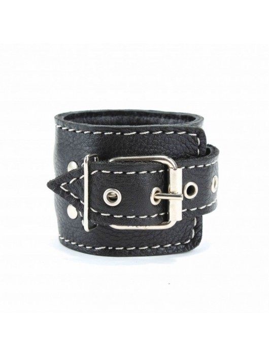 Чёрные кожаные наручники с крупной строчкой - БДСМ Арсенал - купить с доставкой в Новочеркасске