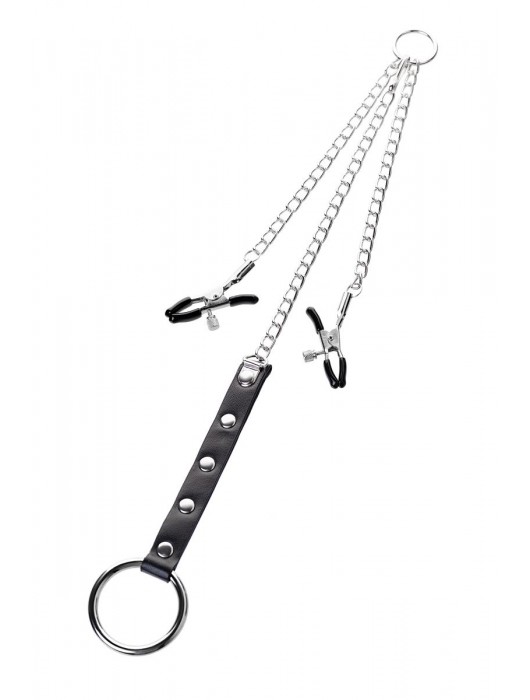 Серебристо-чёрные зажимы для сосков с кольцом для пениса TOYFA Metal - ToyFa - купить с доставкой в Новочеркасске